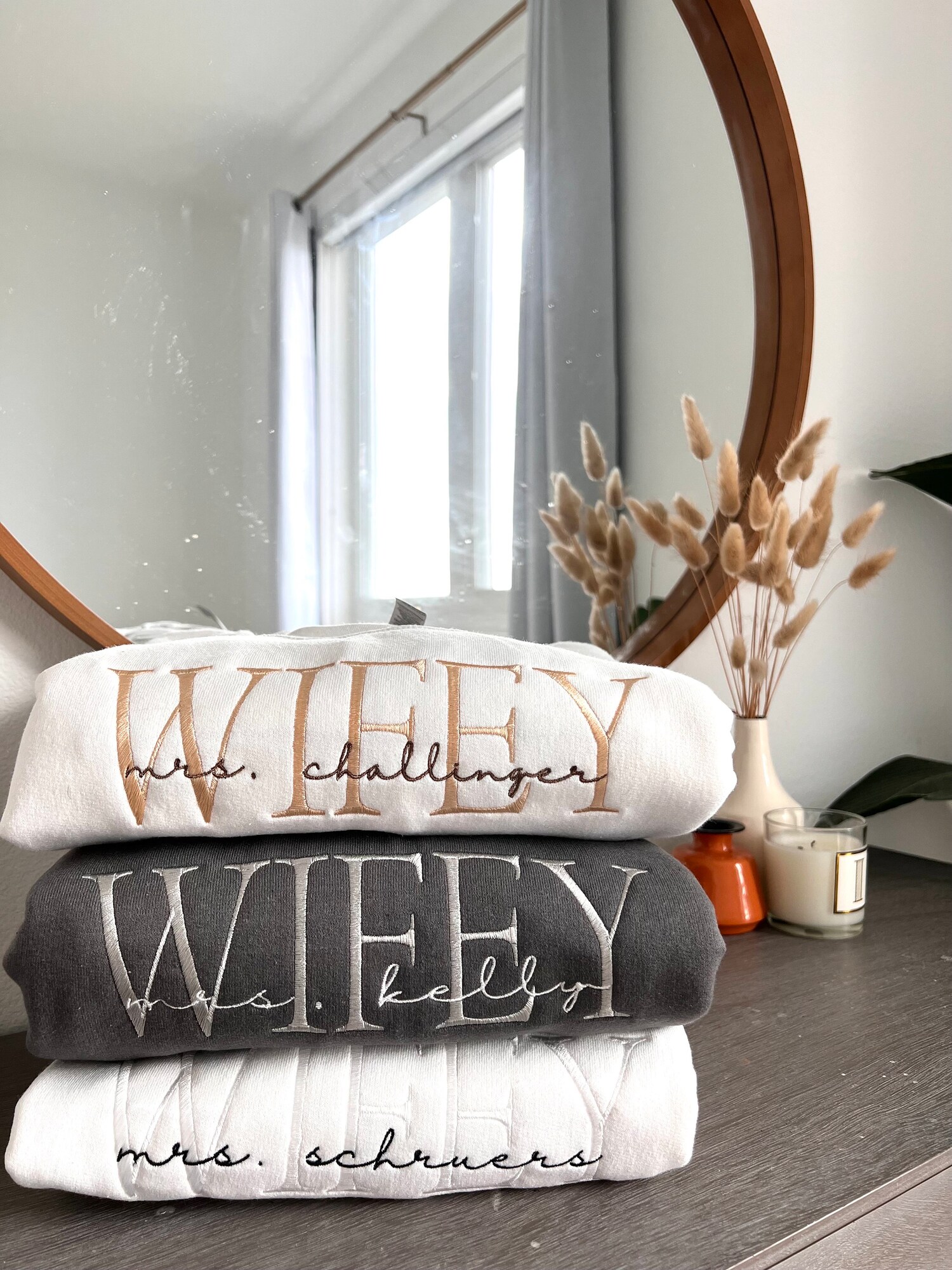 Custom Embroidered Wife Sweatshirt Personalized Last Name Bridal Gift Engagement Sweatshirt image 1