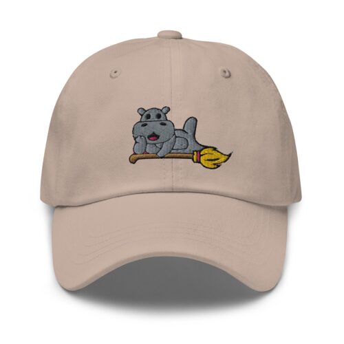 Cute Hippo on Magic Broom Embroidered Baseball Dad Hat Unisex Gift image 0