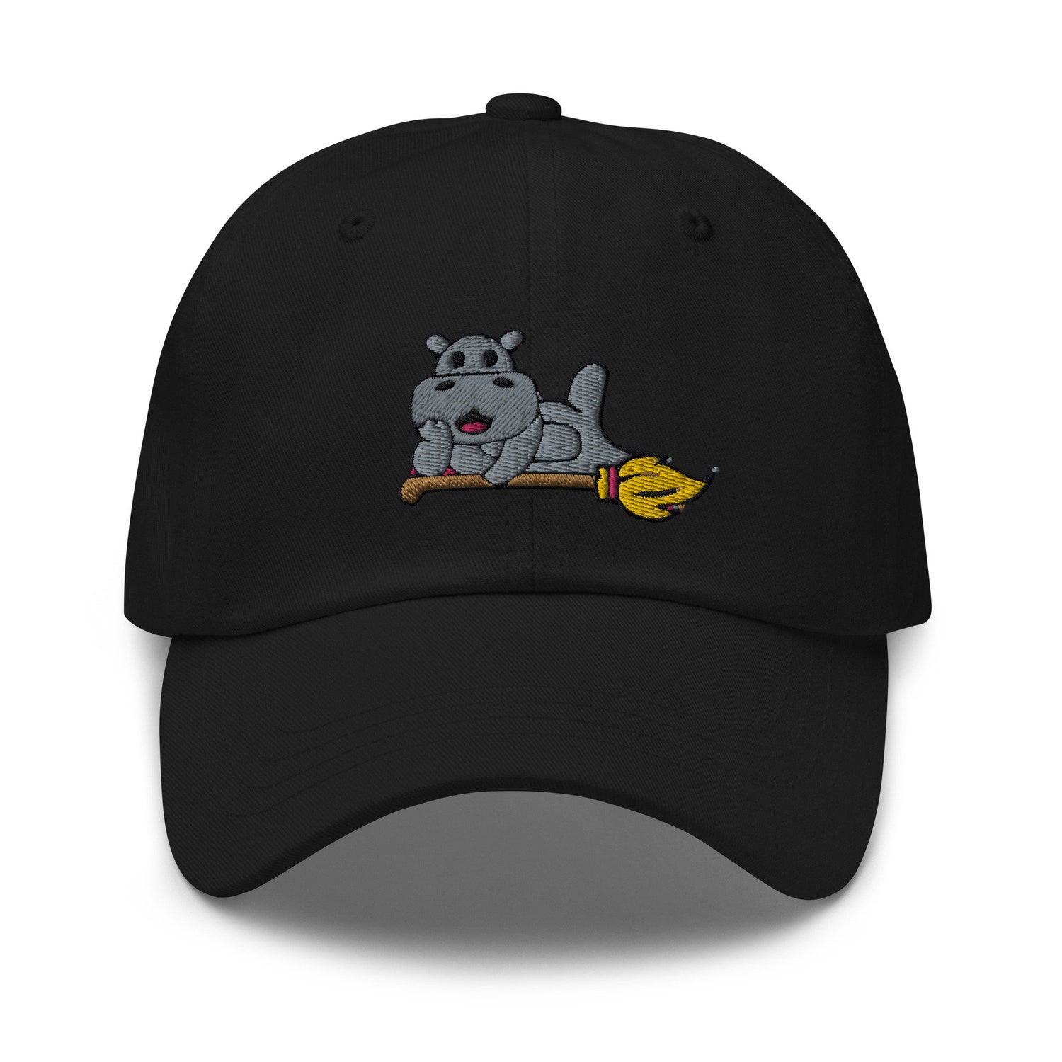 Cute Hippo on Magic Broom Embroidered Baseball Dad Hat Unisex Gift image 1