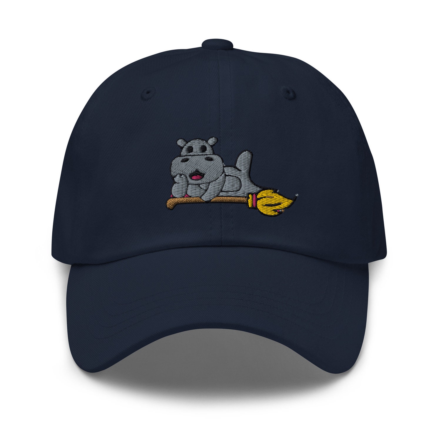 Cute Hippo on Magic Broom Embroidered Baseball Dad Hat Unisex Gift image 2