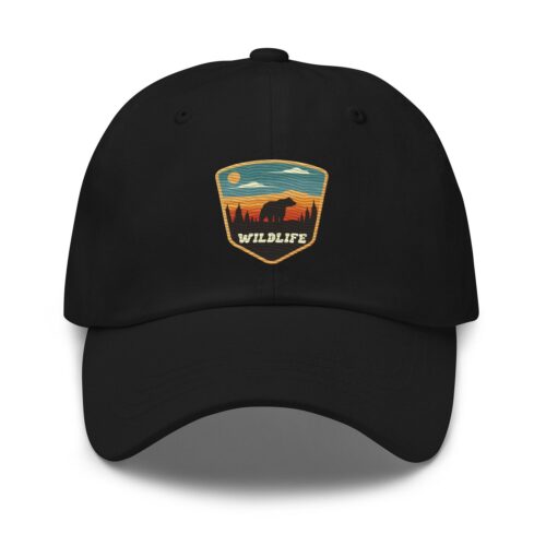 Retro Bear in the Woods Embroidered Dad Hat - Adjustable Outdoor Hiking Sunset Mountain Baseball Cap image 0