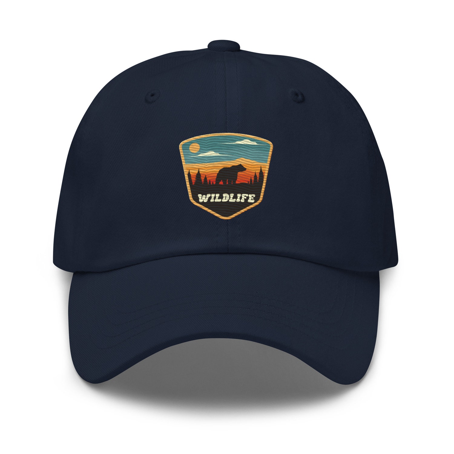 Retro Bear in the Woods Embroidered Dad Hat - Adjustable Outdoor Hiking Sunset Mountain Baseball Cap image 1