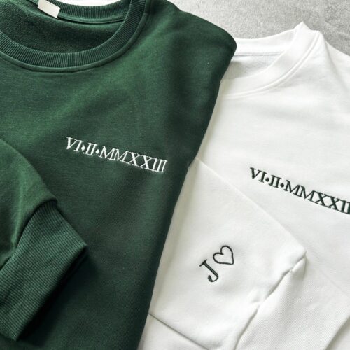 Custom Embroidered Roman Numeral Date Sweatshirt Personalized Word Heart Sleeves Couple's Hoodie Boyfriend Valentine’s Gift image 0