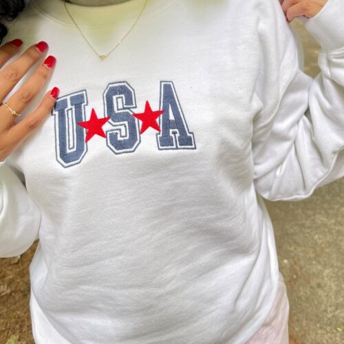 USA Embroidered Patriotic Sweatshirt Fourth of July Crewneck Matching Family Independence Day Shirt image 0