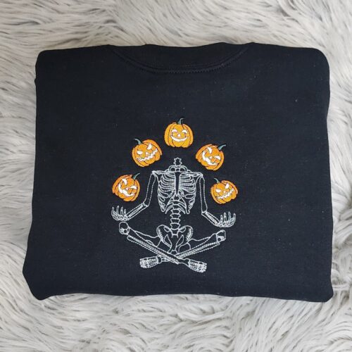 Skeleton Throwing Pumpkin Embroidered Sweatshirt or Hoodie Halloween Apparel image 0