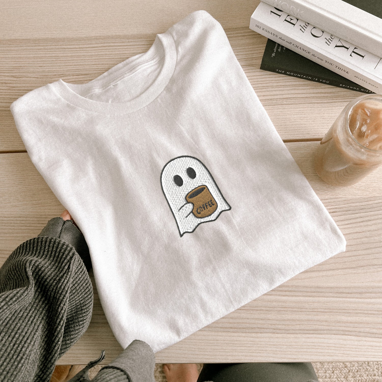 Embroidered Ghost Iced Coffee Tee Halloween Ghost Sweatshirt Comfort Colors Bubbletea Shirt image 1