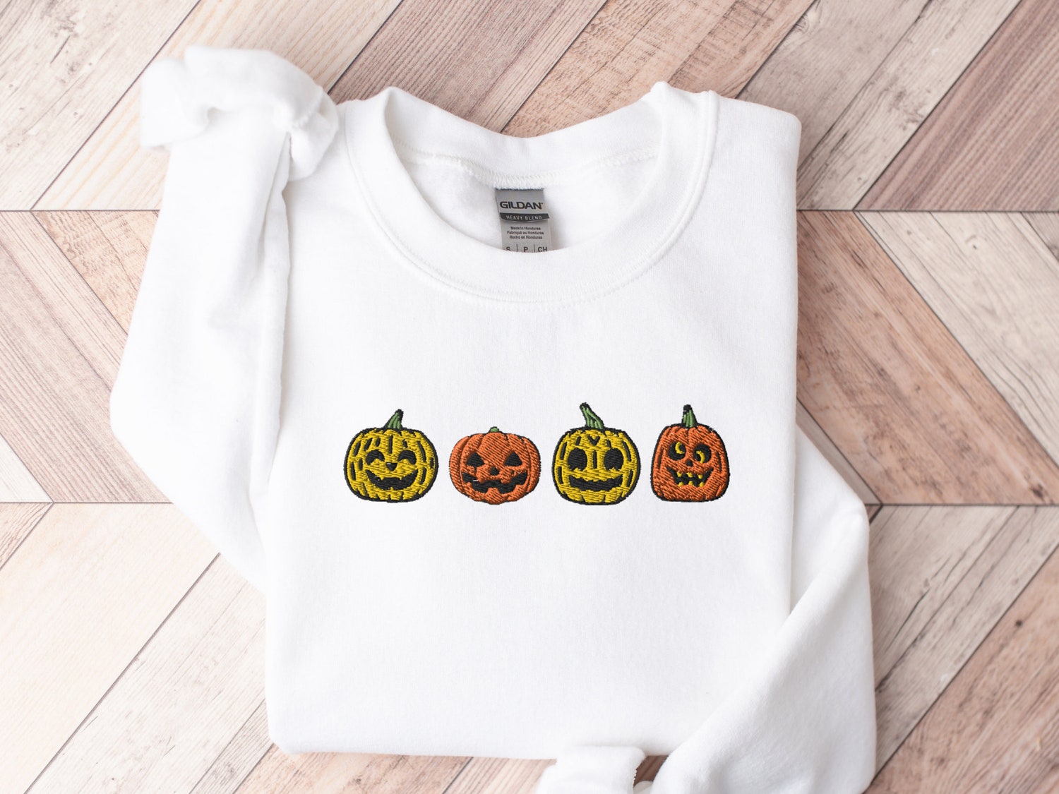 Halloween Embroidered Pumpkin Sweatshirt Jack-o-Lantern Fall Crewneck Spooky Season Shirt image 1