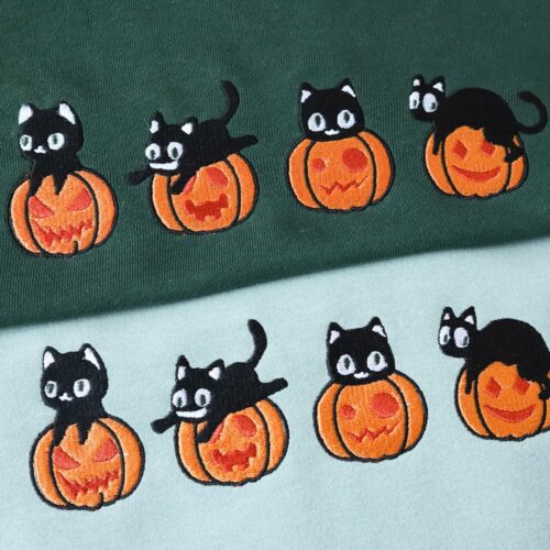 Halloween Black Cat and Pumpkin Embroidery Sweatshirt Vintage Spooky Season Gift image 0