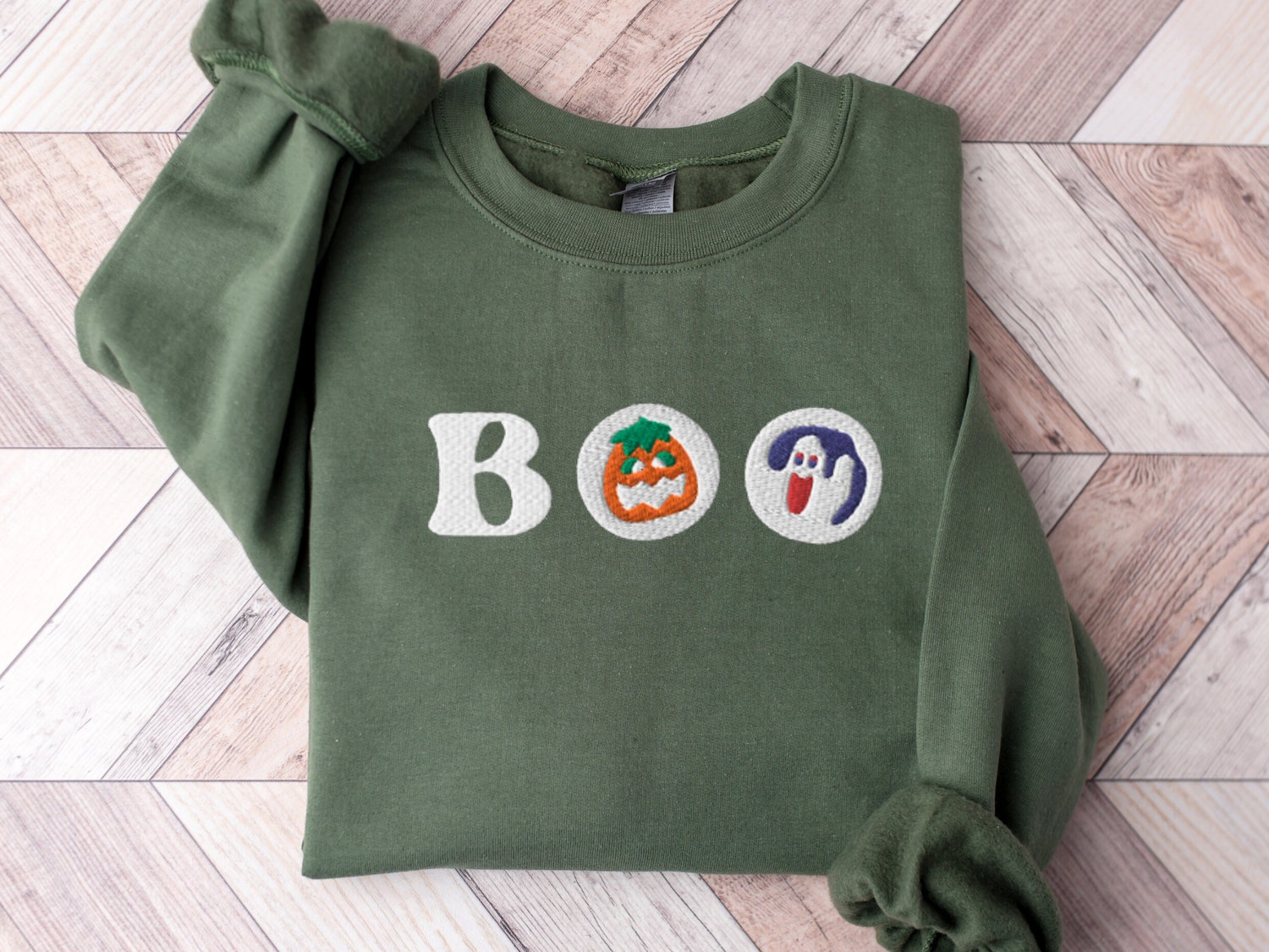 Embroidered Halloween Cookies Sweatshirt Spooky Season Crewneck Ghost Pumpkin Shirt image 4