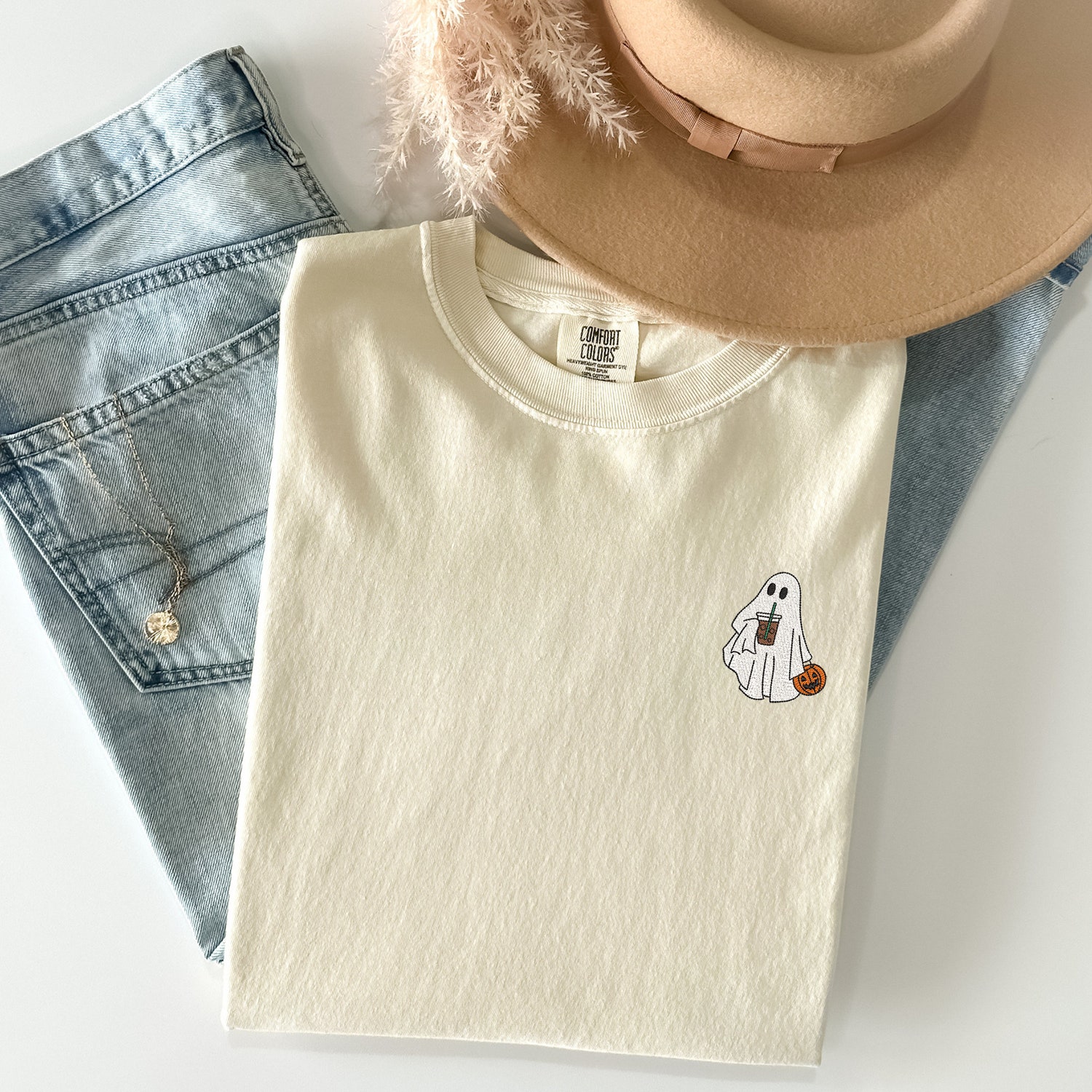 Embroidered Ghost Shirt with Iced Coffee Comfort Colors Vintage Halloween Shirt Spooky Season Tee image 1