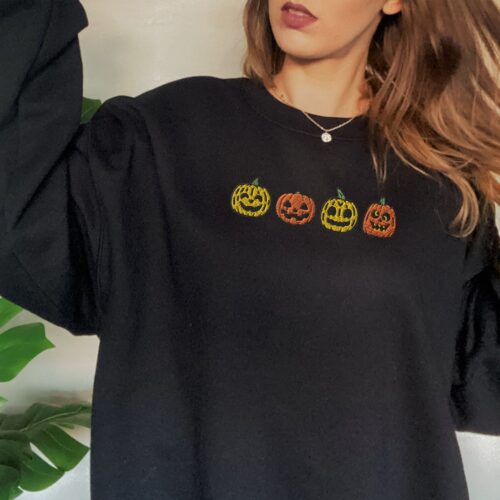 Halloween Embroidered Pumpkin Sweatshirt Jack-o-Lantern Fall Crewneck Spooky Season Shirt image 0