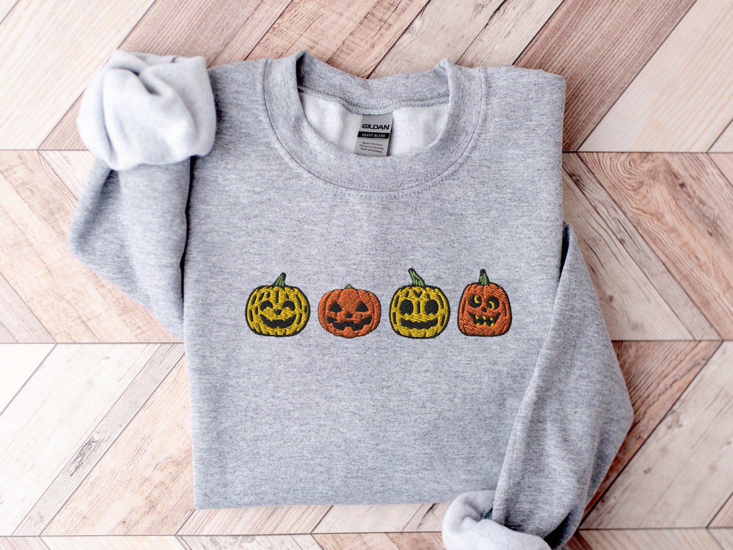 Halloween Embroidered Pumpkin Sweatshirt Jack-o-Lantern Fall Crewneck Spooky Season Shirt image 4