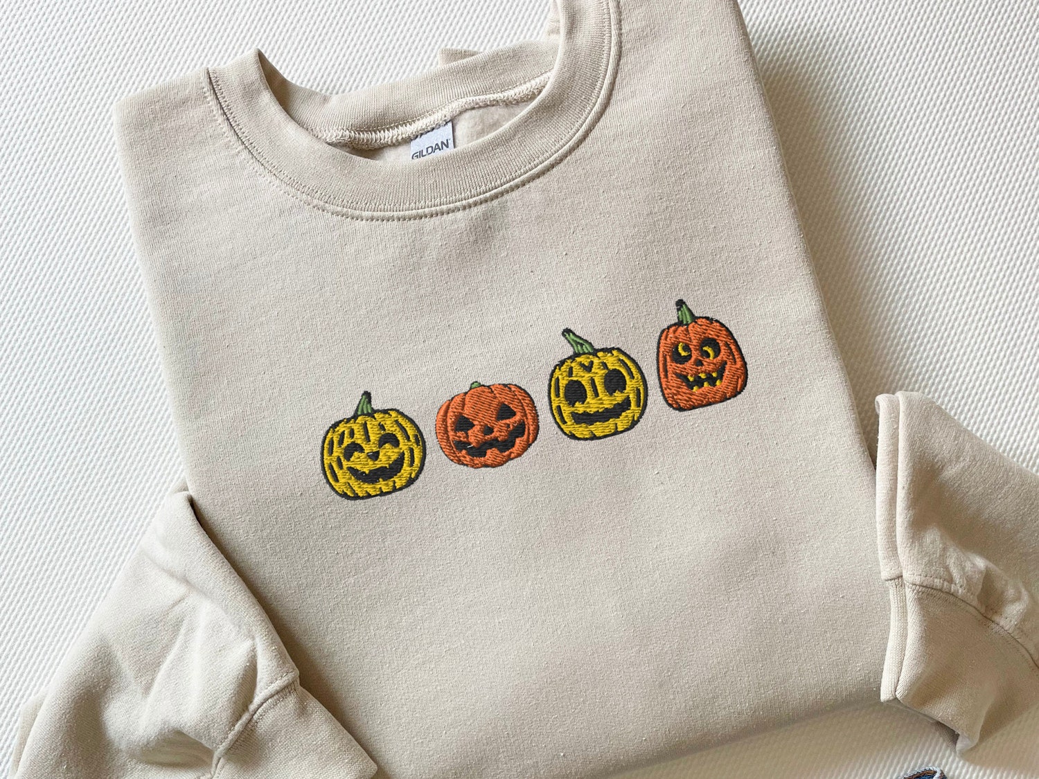 Halloween Embroidered Pumpkin Sweatshirt Jack-o-Lantern Fall Crewneck Spooky Season Shirt image 2