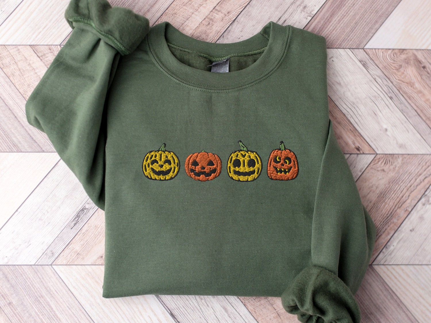 Halloween Embroidered Pumpkin Sweatshirt Jack-o-Lantern Fall Crewneck Spooky Season Shirt image 3