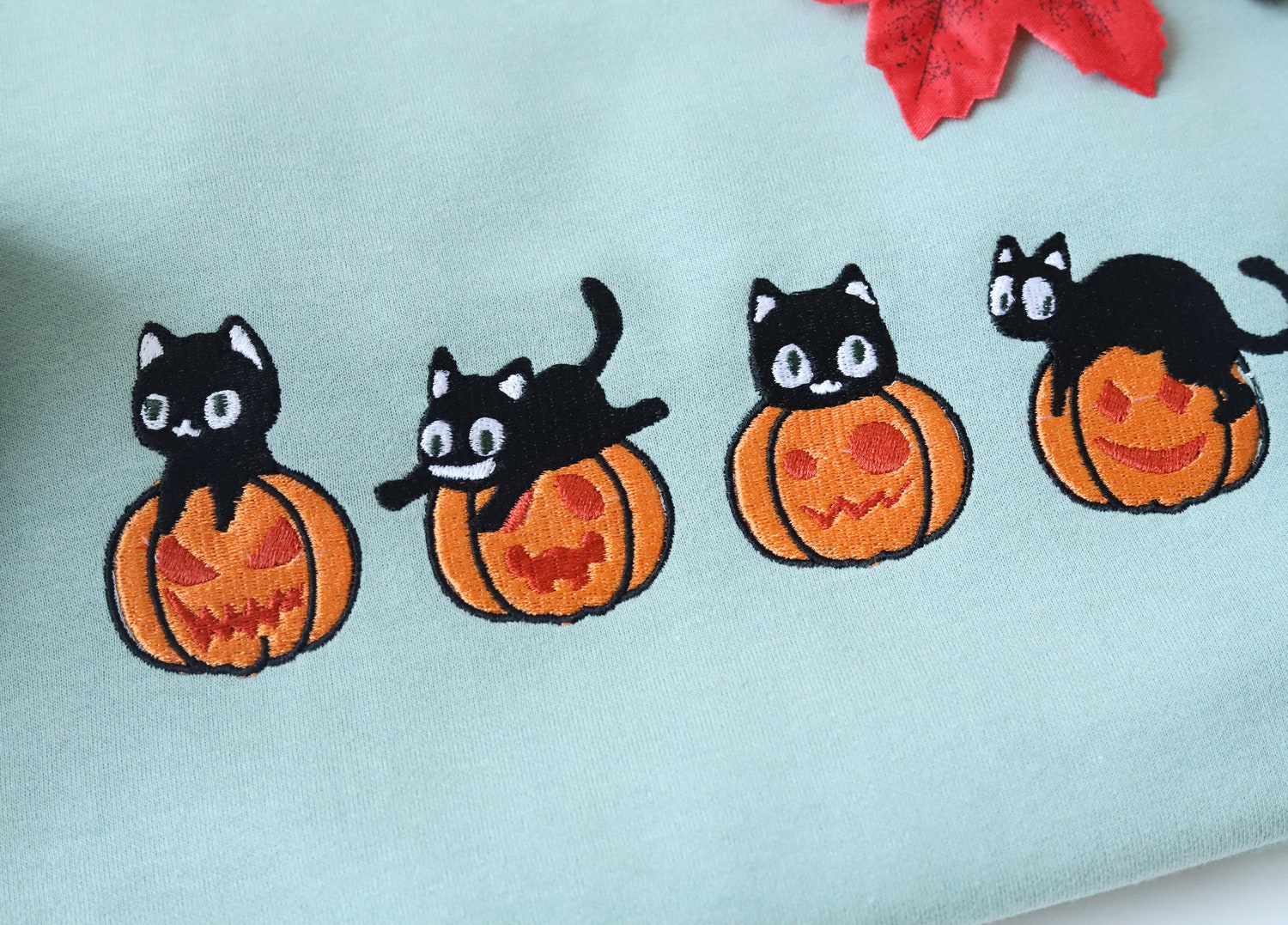 Halloween Black Cat and Pumpkin Embroidery Sweatshirt Vintage Spooky Season Gift image 1