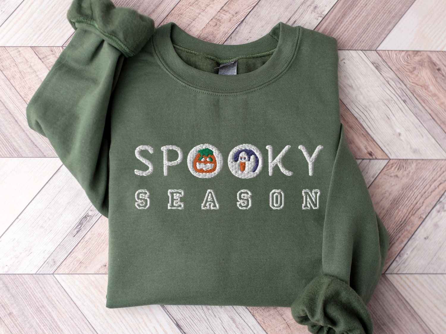 Embroidered Halloween Cookies Sweatshirt Spooky Season Crewneck Ghost & Pumpkin Design image 1