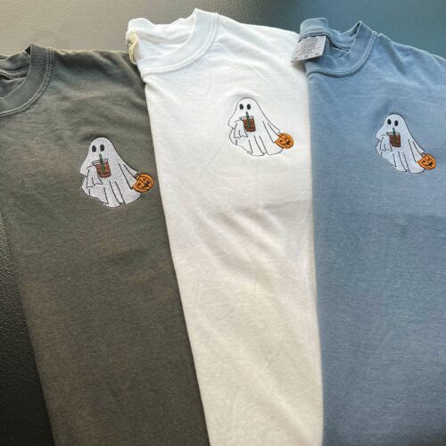 Embroidered Ghost Shirt with Iced Coffee Comfort Colors Vintage Halloween Shirt Spooky Season Tee image 0