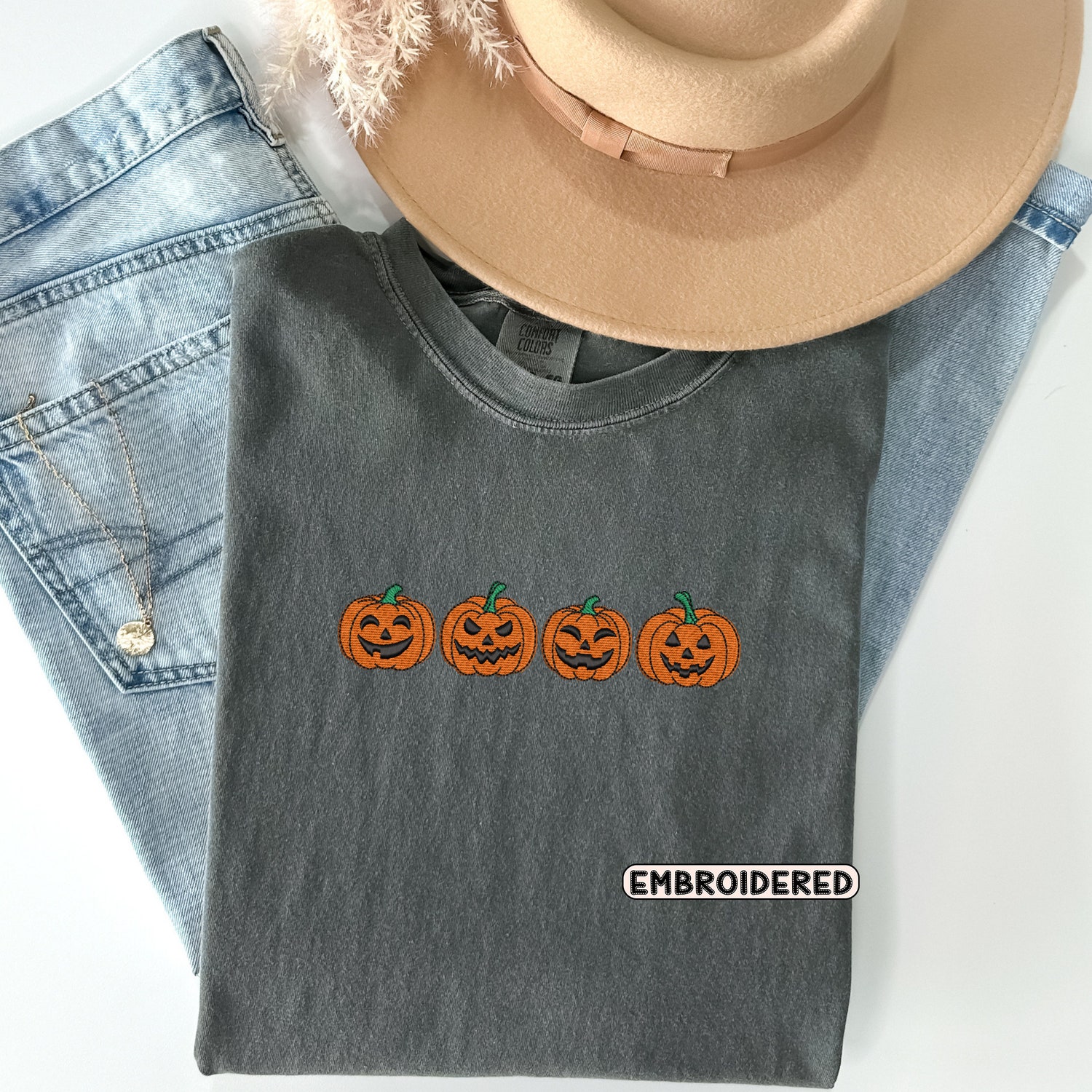 Embroidered Pumpkin Shirt Comfort Colors Halloween Tee Vintage Spooky Season Top image 4