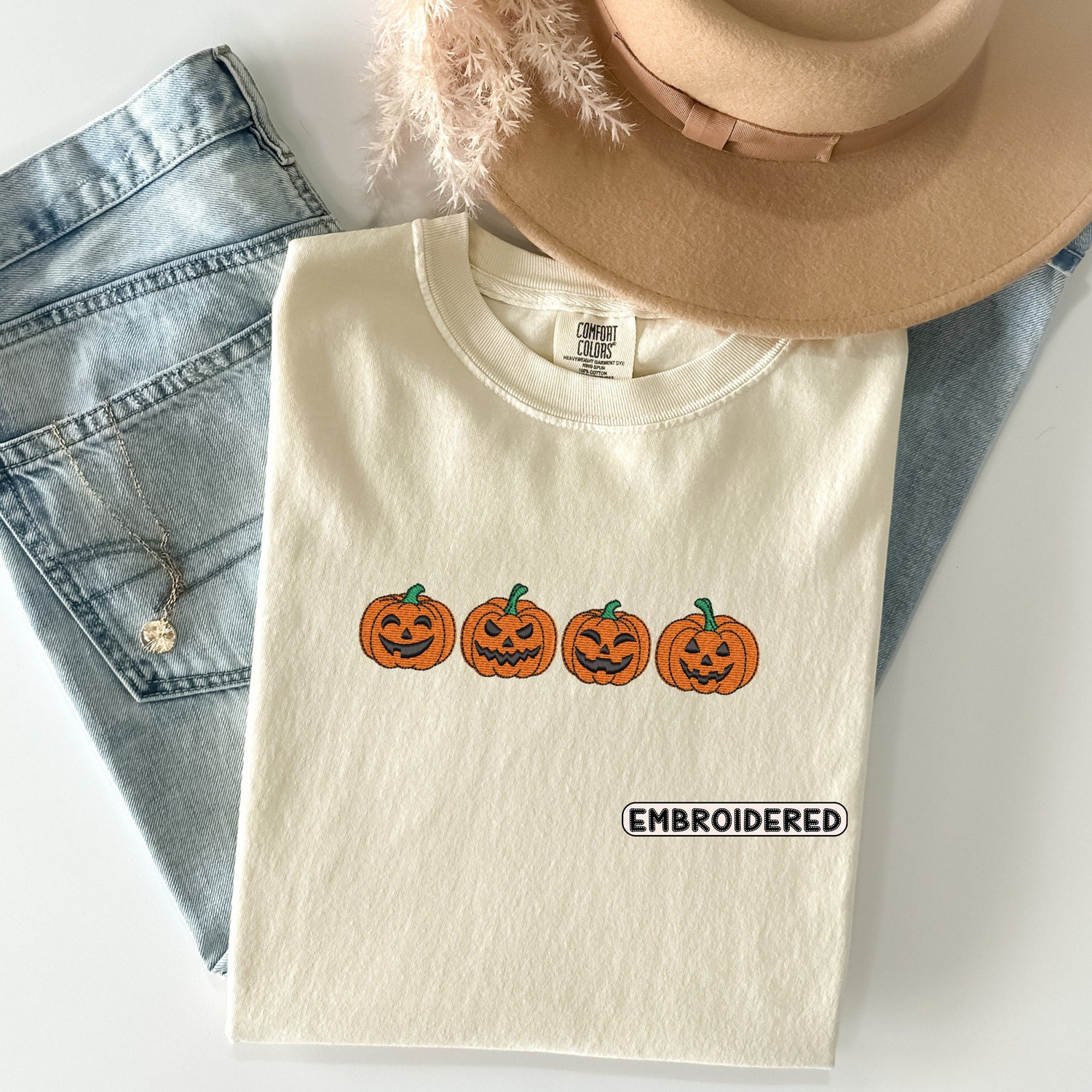 Embroidered Pumpkin Shirt Comfort Colors Halloween Tee Vintage Spooky Season Top image 3