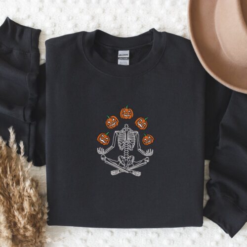 Skeleton Throwing Pumpkin Embroidered Sweatshirt Halloween Fall Spooky Season Apparel image 0