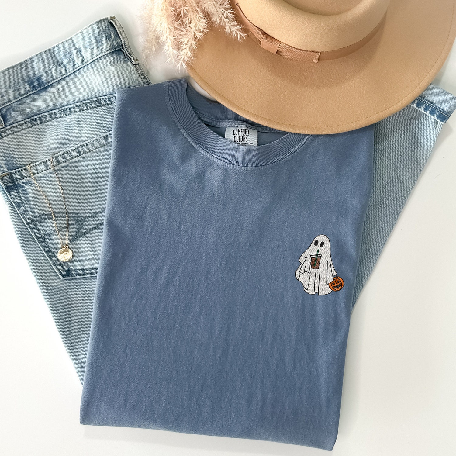 Embroidered Ghost Shirt with Iced Coffee Comfort Colors Vintage Halloween Shirt Spooky Season Tee image 3