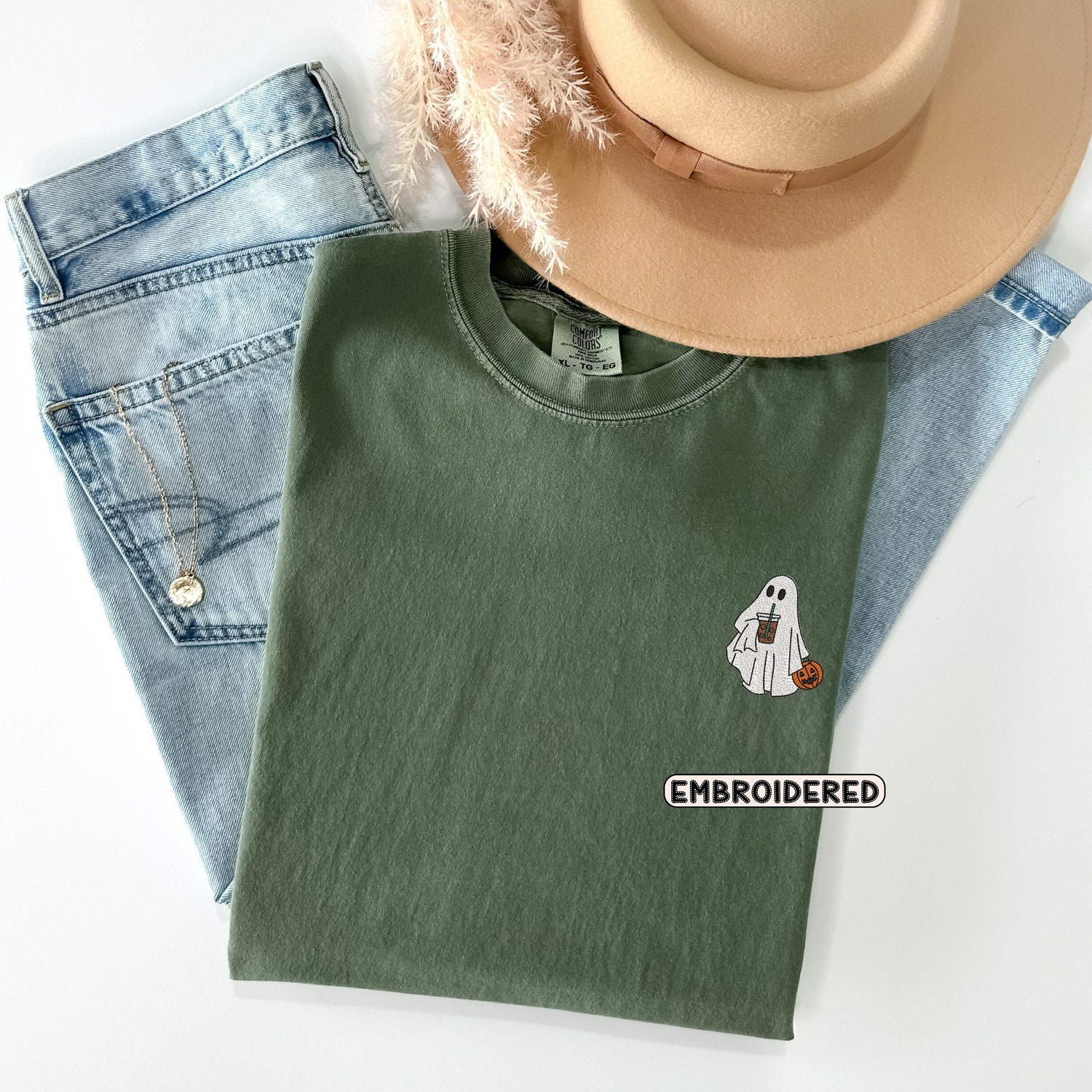 Embroidered Ghost Shirt with Iced Coffee Comfort Colors Vintage Halloween Shirt Spooky Season Tee image 5