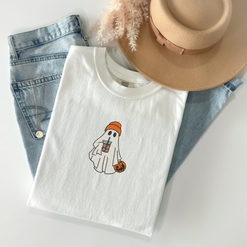 Comfort Colors Embroidered Ghost Shirt with Iced Coffee Vintage Halloween Tee Spooky Season image 0