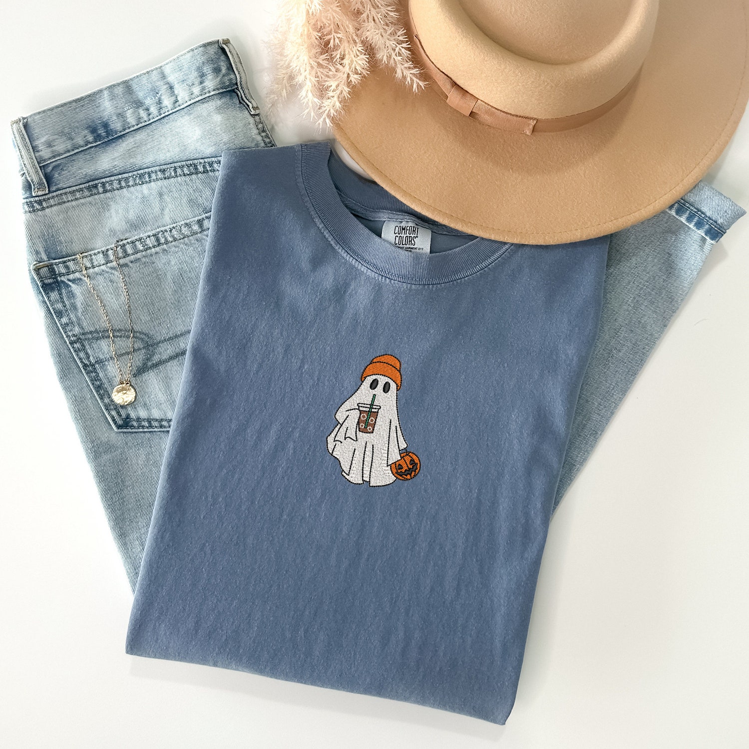 Comfort Colors Embroidered Ghost Shirt with Iced Coffee Vintage Halloween Tee Spooky Season image 1