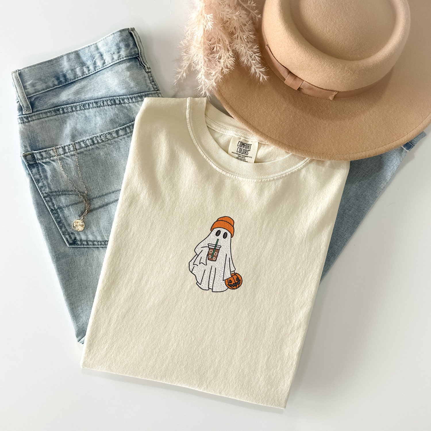 Comfort Colors Embroidered Ghost Shirt with Iced Coffee Vintage Halloween Tee Spooky Season image 4