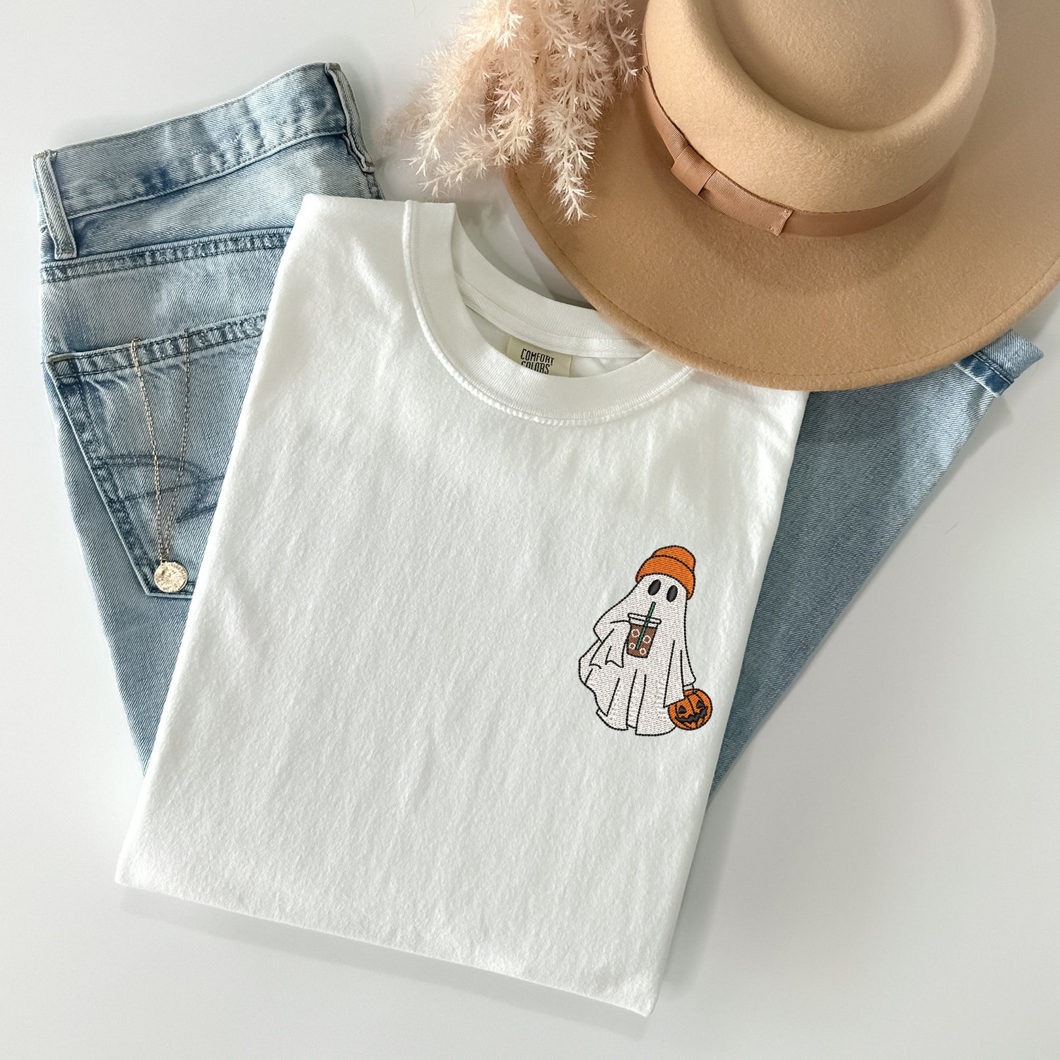 Embroidered Ghost Shirt with Iced Coffee and Beanie Comfort Colors Halloween Tee Retro Spooky Season Apparel image 1