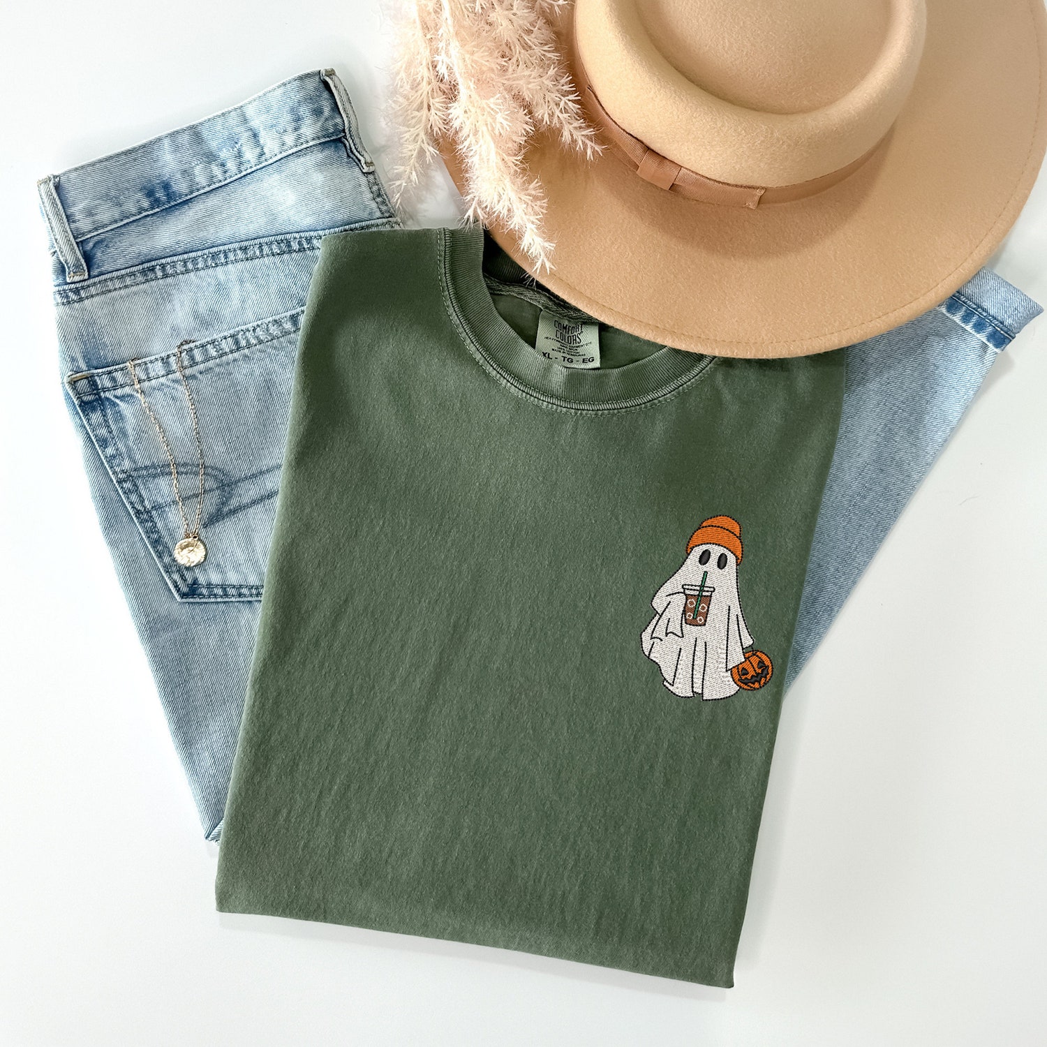 Embroidered Ghost Shirt with Iced Coffee and Beanie Comfort Colors Halloween Tee Retro Spooky Season Apparel image 4