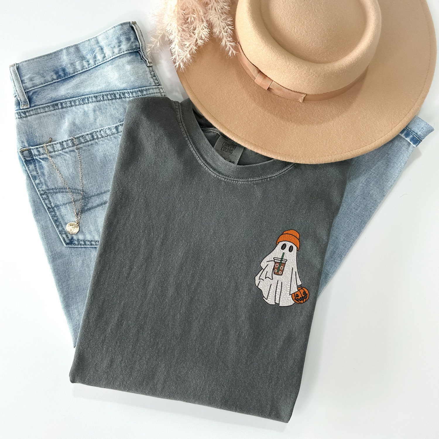 Embroidered Ghost Shirt with Iced Coffee and Beanie Comfort Colors Halloween Tee Retro Spooky Season Apparel image 3