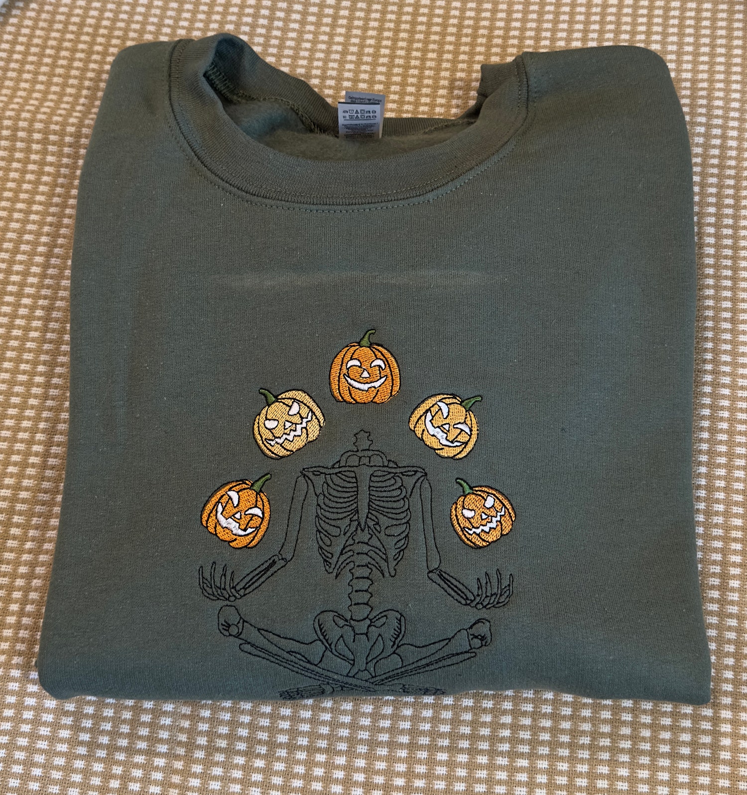 Pumpkin Skeleton Embroidered Halloween Sweatshirt Cozy Pumpkin Sweatshirt Fall Skeleton Design image 1