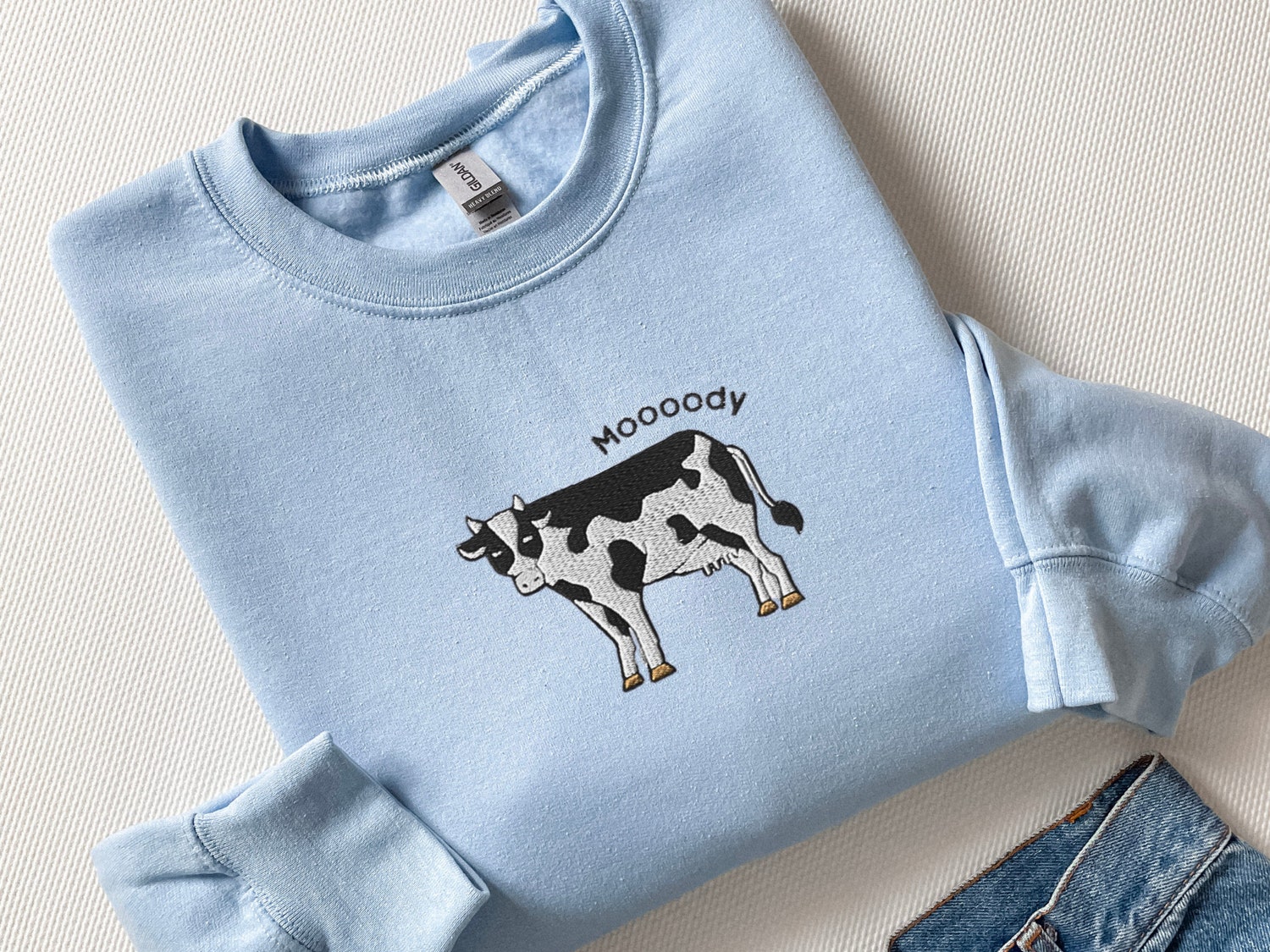 Embroidered Cow Sweatshirt Moody Cow Crewneck Sweater Unisex Gift for Cow Lovers image 2