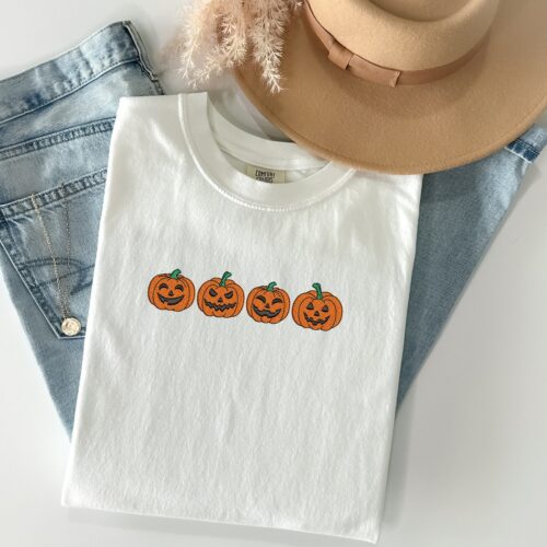 Embroidered Pumpkin Shirt Comfort Colors Halloween Tee Vintage Spooky Season Top image 0