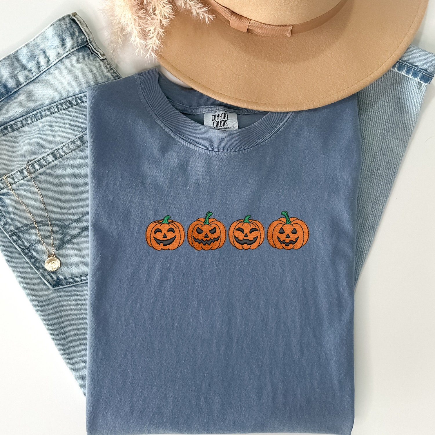 Embroidered Pumpkin Shirt Comfort Colors Halloween Tee Vintage Spooky Season Top image 1