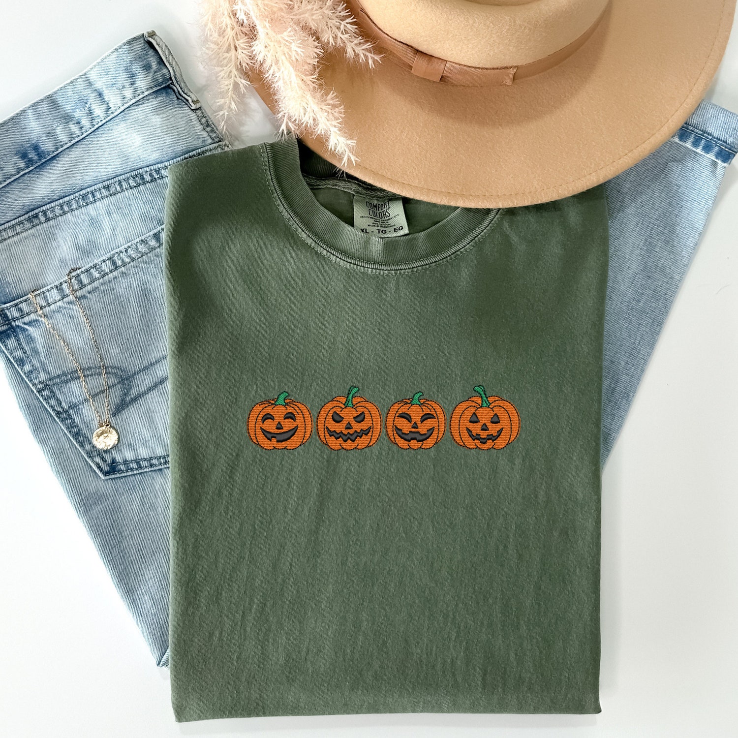 Embroidered Pumpkin Shirt Comfort Colors Halloween Tee Vintage Spooky Season Top image 2