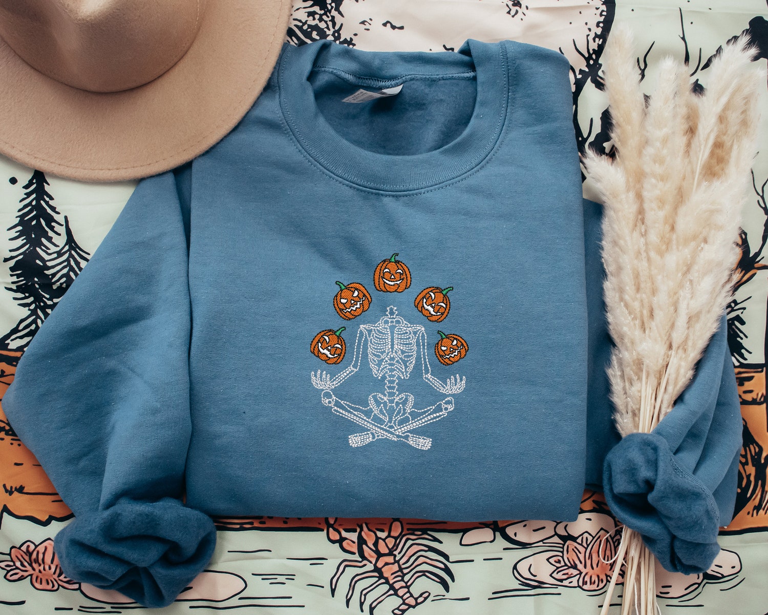 Skeleton Throwing Pumpkin Embroidered Sweatshirt Halloween Fall Spooky Season Apparel image 5