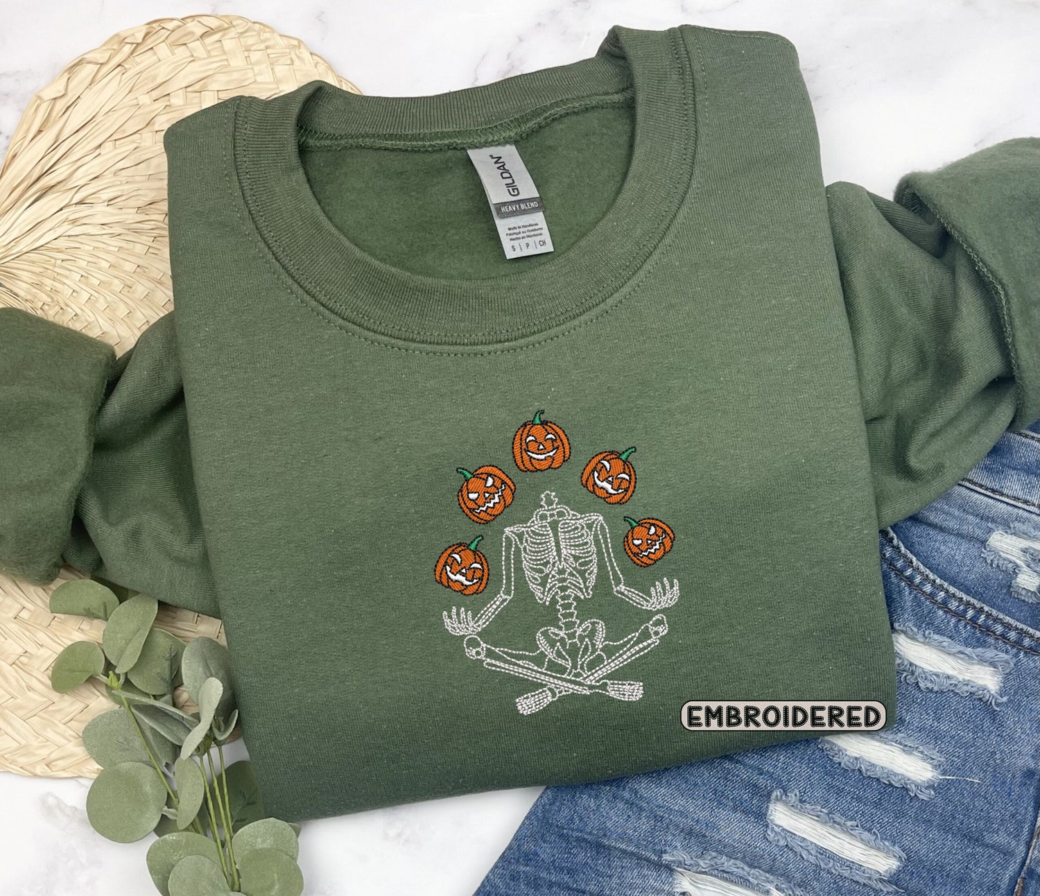 Skeleton Throwing Pumpkin Embroidered Sweatshirt Halloween Fall Spooky Season Apparel image 2