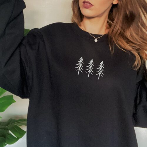 Pine Tree Trio Embroidered Crewneck Sweatshirt Winter Christmas Sweater Cozy Camping Apparel image 0