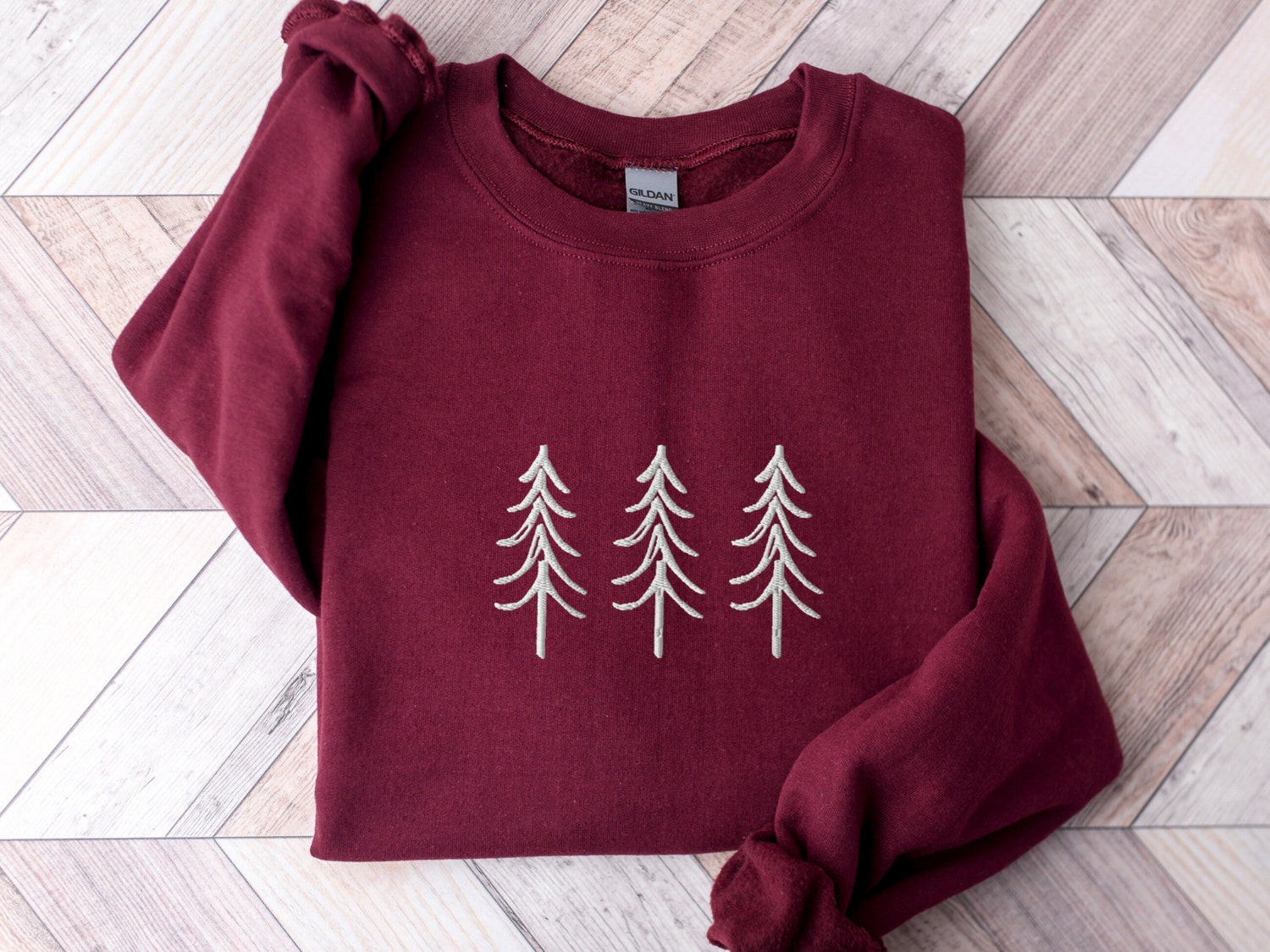 Pine Tree Trio Embroidered Crewneck Sweatshirt Winter Christmas Sweater Cozy Camping Apparel image 4