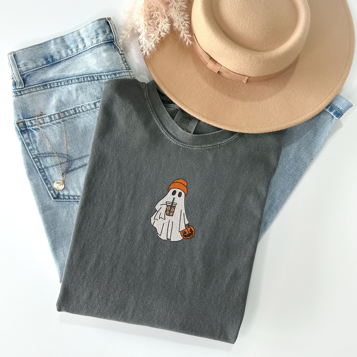 Comfort Colors Embroidered Ghost Shirt with Iced Coffee Vintage Halloween Tee Spooky Season image 2