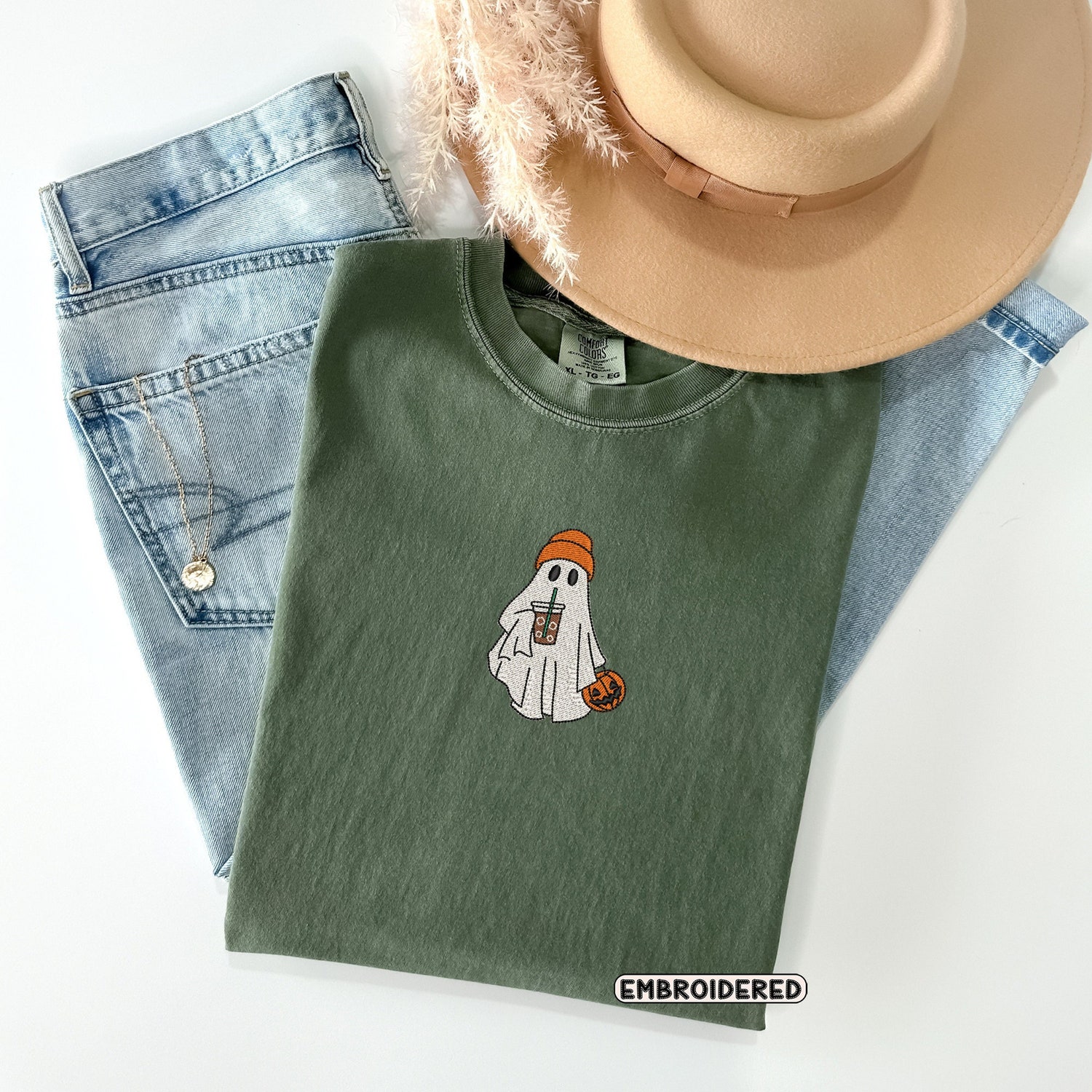 Comfort Colors Embroidered Ghost Shirt with Iced Coffee Vintage Halloween Tee Spooky Season image 3