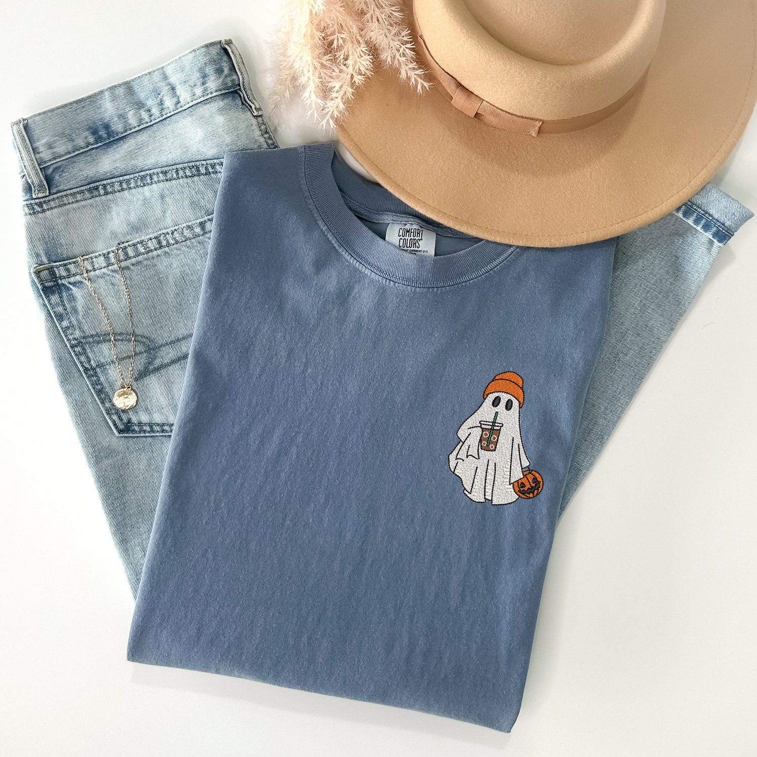 Embroidered Ghost Shirt with Iced Coffee and Beanie Comfort Colors Halloween Tee Retro Spooky Season Apparel image 2