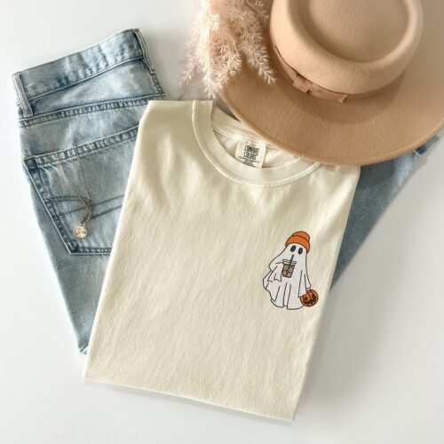 Embroidered Ghost Shirt with Iced Coffee and Beanie Comfort Colors Halloween Tee Retro Spooky Season Apparel image 0