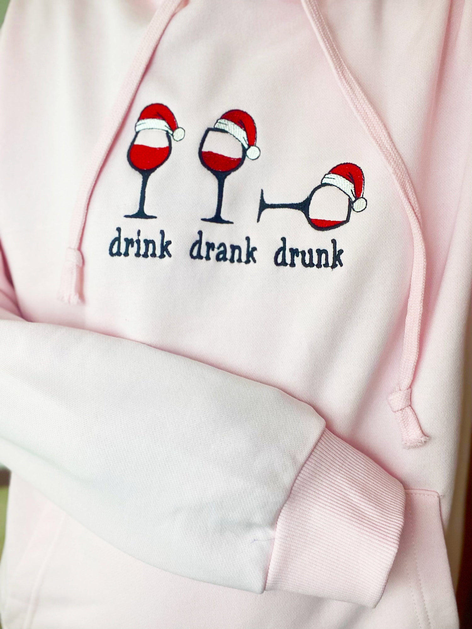 Christmas Wine Embroidered Sweatshirt Drink Drank Drunk Hoodie Holiday Crew Neck Sweater image 1