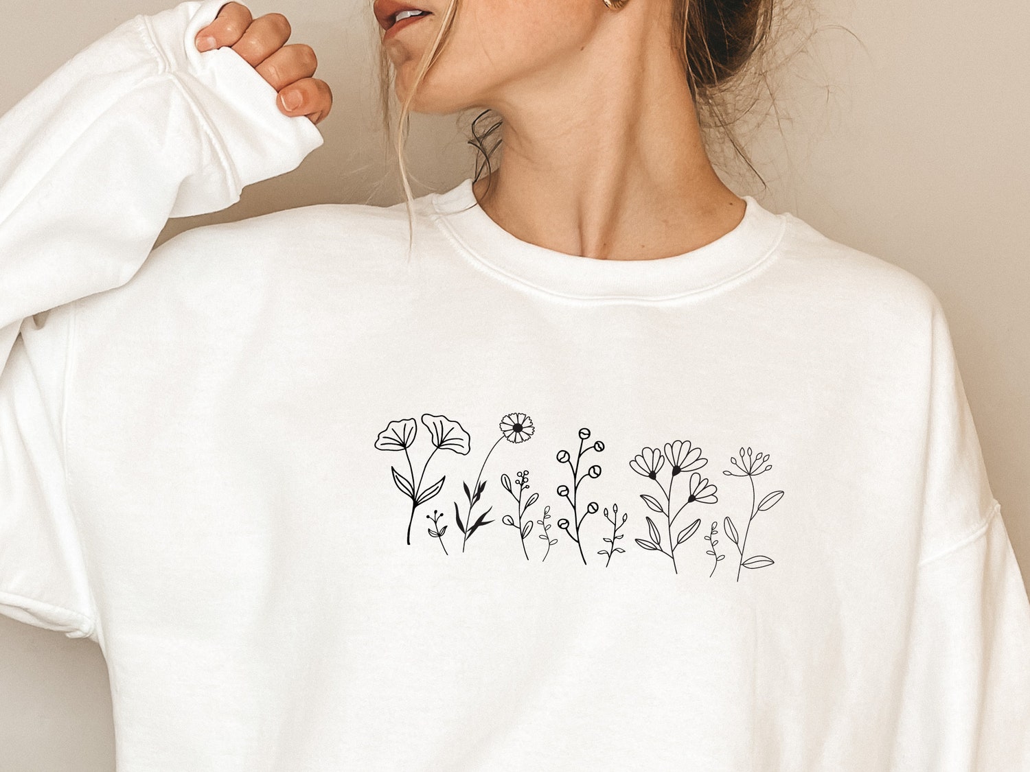 Wildflowers Embroidered Crewneck Sweatshirt Floral Botanical Nature Plant Design image 1