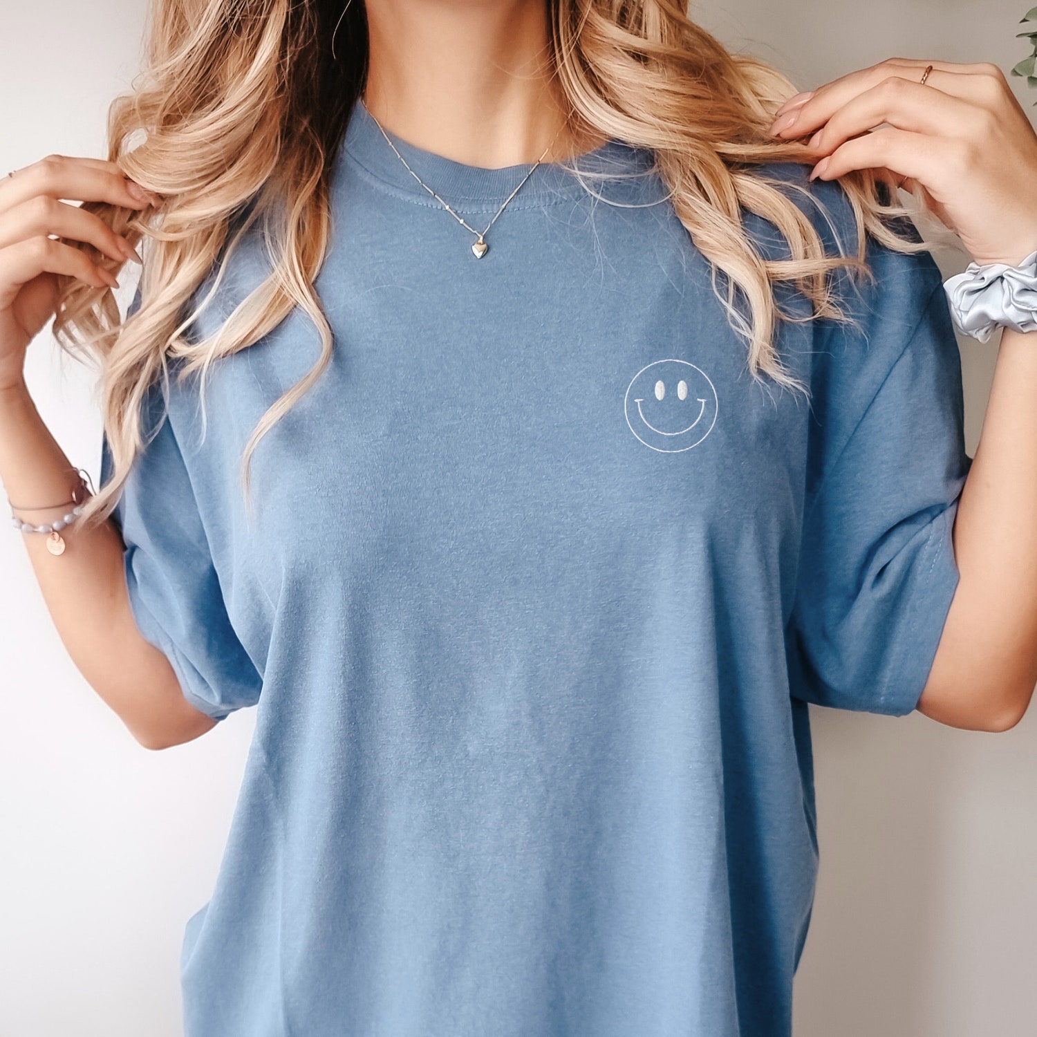 Embroidered Happy Face Comfort Colors Tee Smile Shirt Retro Smiley Face Tshirt image 2