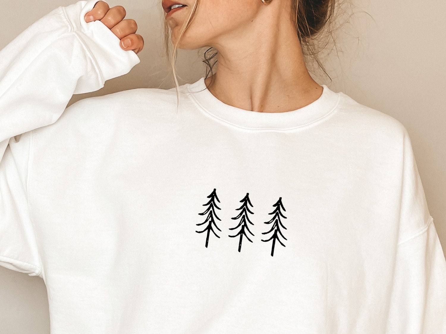 Pine Tree Trio Embroidered Crewneck Sweatshirt Winter Christmas Sweater Cozy Camping Apparel image 1