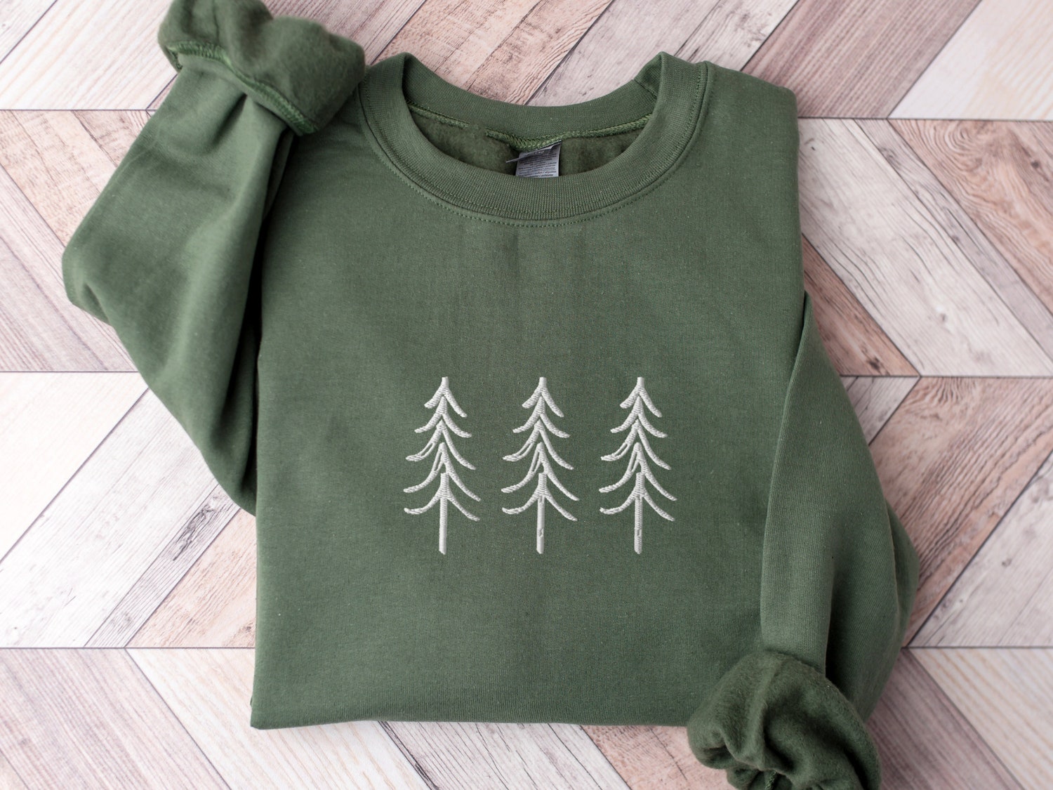 Pine Tree Trio Embroidered Crewneck Sweatshirt Winter Christmas Sweater Cozy Camping Apparel image 3